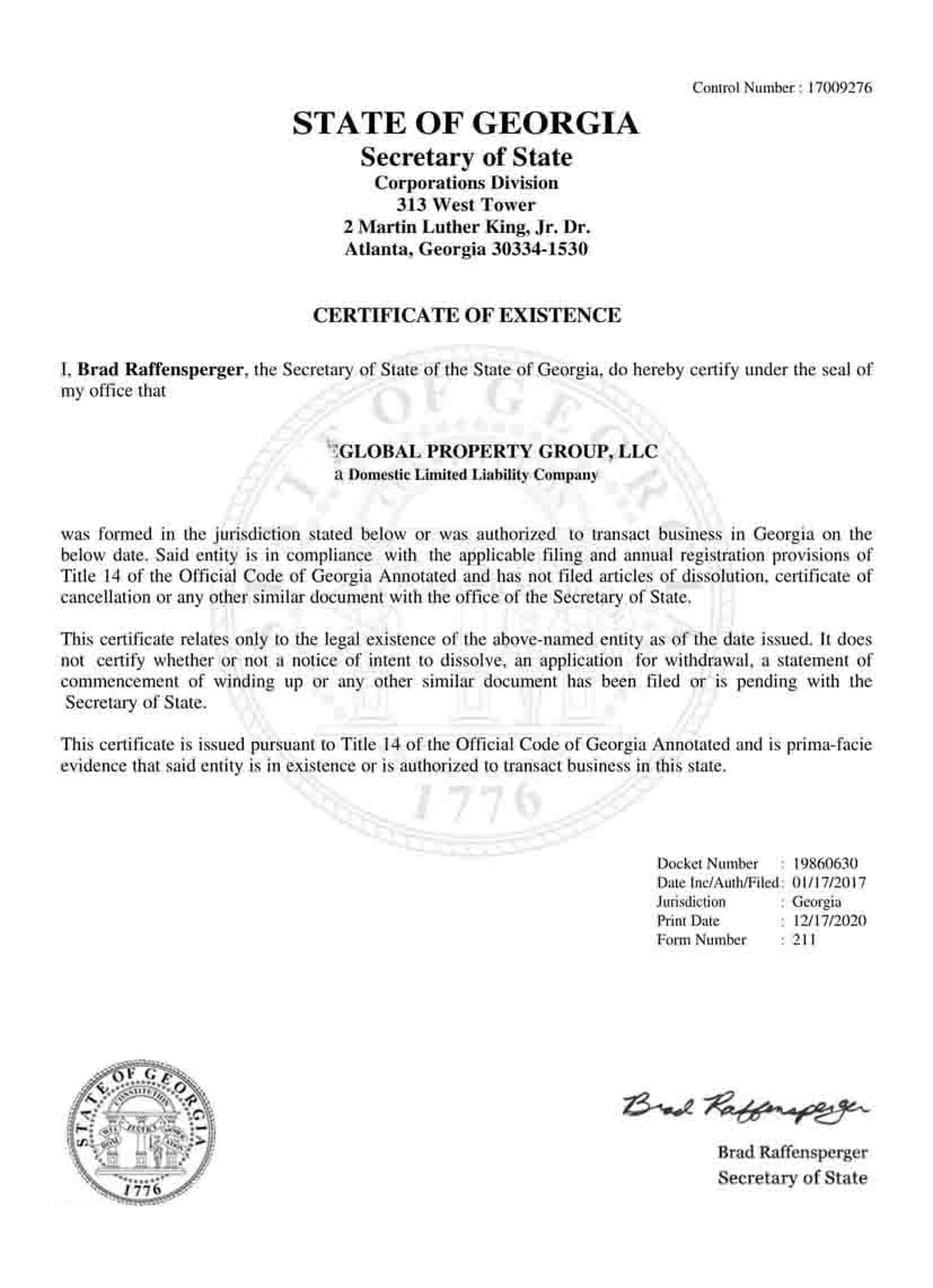 USA Georgia certificate of good standing